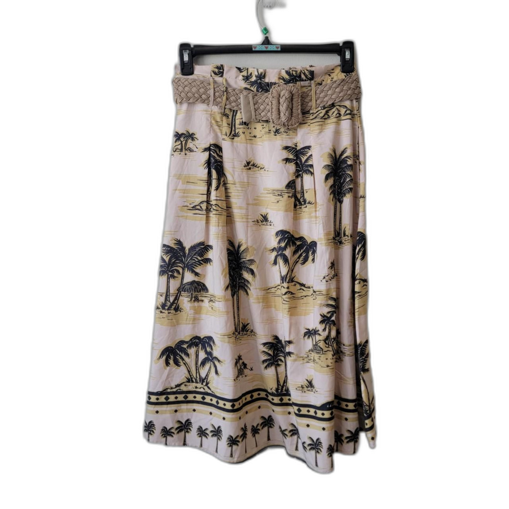 Tropical Print Midi Skirt Belted Elastic Waist Size M Resort